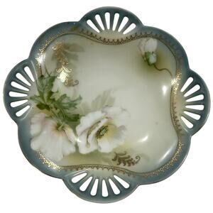 Vintage R S Germany Porcelain Pierced Rim Bread or Dessert Bowl White Poppy